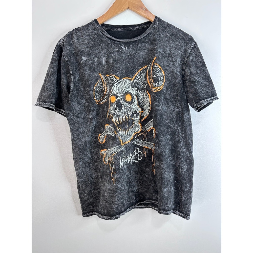 Vertebrae33 Mens Horned Demon Skull Graphic T-Shirt Acid Wash Black Sz M Grunge